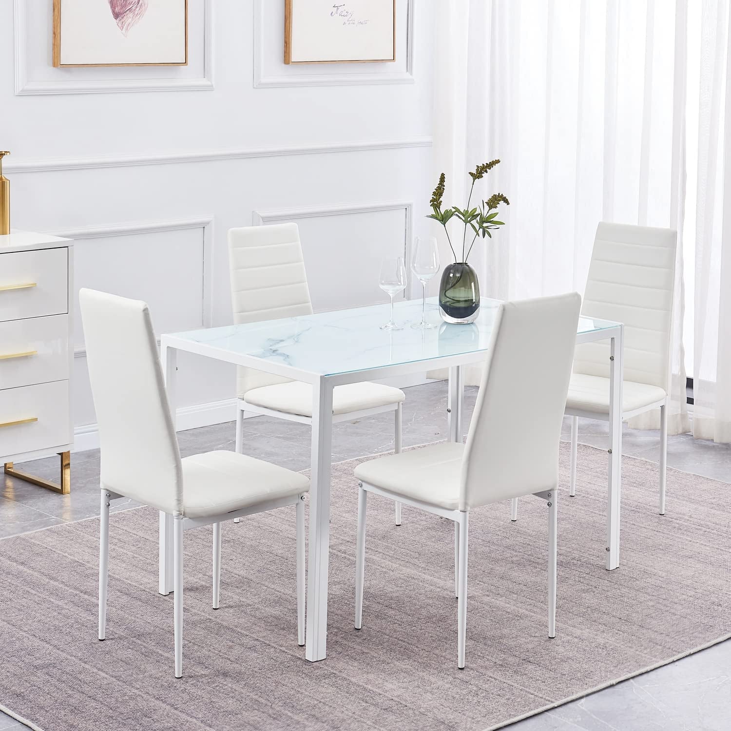 Marbled Glass Kitchen Table, Rectangular, White-0