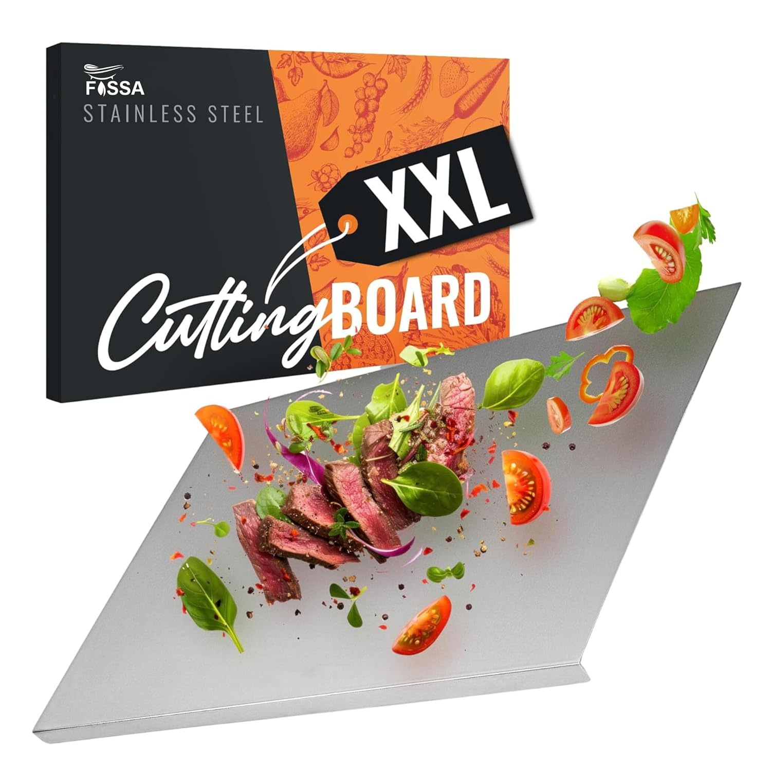 Fossa 15.5"x12"x1" Extra Large Premium Stainless Steel Cutting Board - Thin & Stable | Cutting Boards for Kitchen | Metal Cutting Boards for Kitchen | Pastry Board | Chopping Board | Countertop (Silver)-0